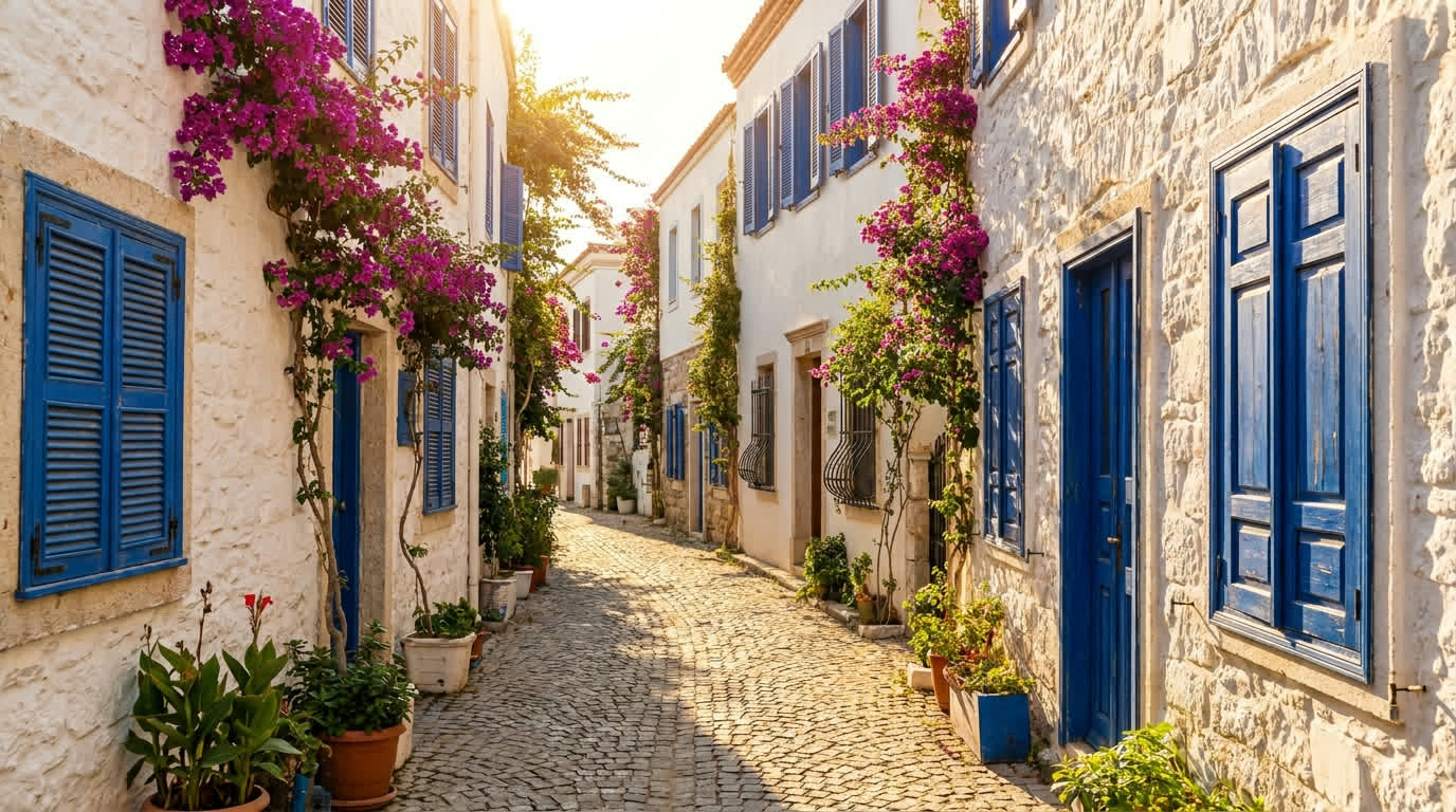 A whitewashed lane in old Bodrum with cobalt blue shutters and magenta bougainvillea