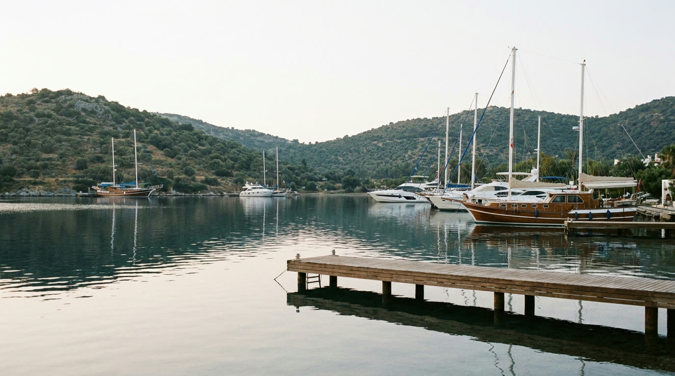 Wooden swimming piers and moored yachts on the calm morning water of Türkbükü bay, Bodrum