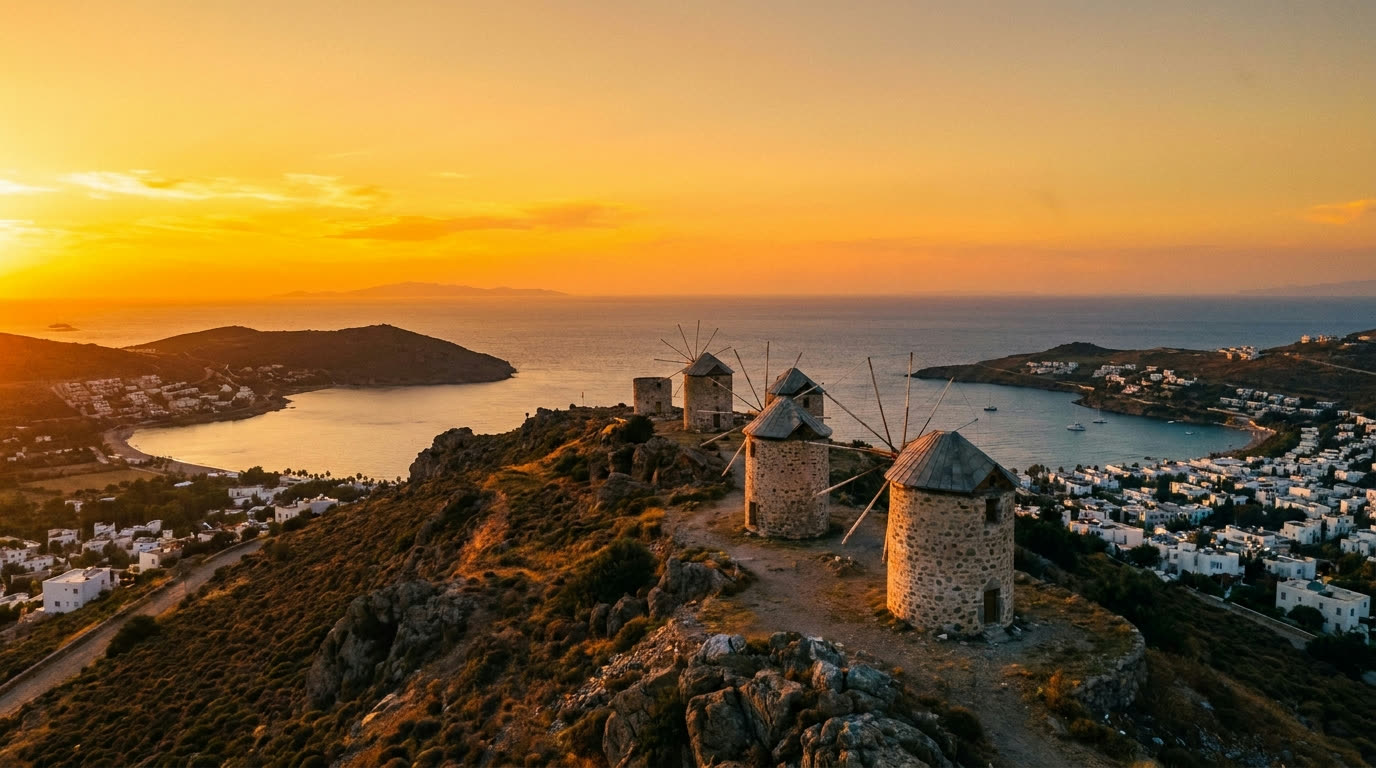 Old stone windmills on the ridge above Bodrum at sunset with the twin bays below
