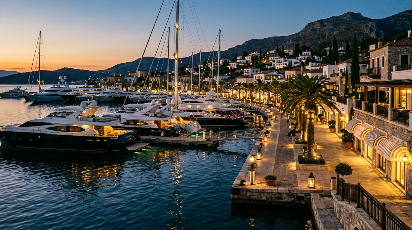 A superyacht marina at dusk on the Aegean with promenade lights reflecting in the water