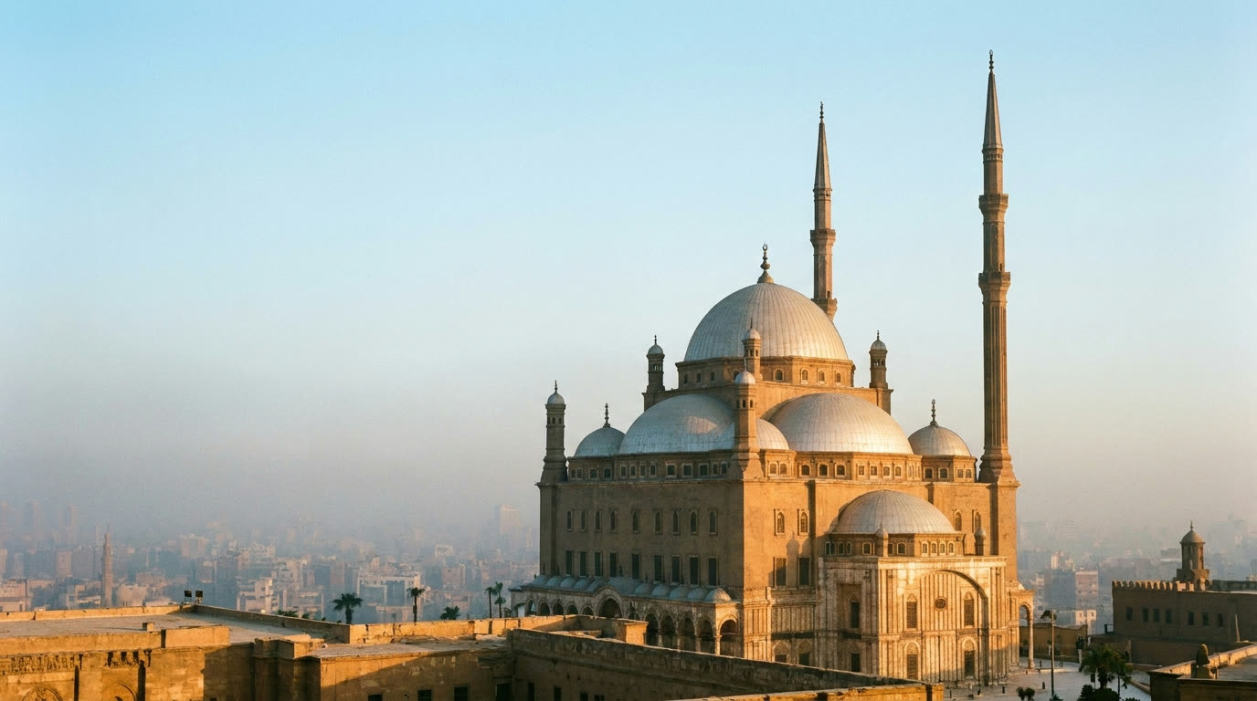 The alabaster Mosque of Muhammad Ali at the Cairo Citadel with domes and twin minarets