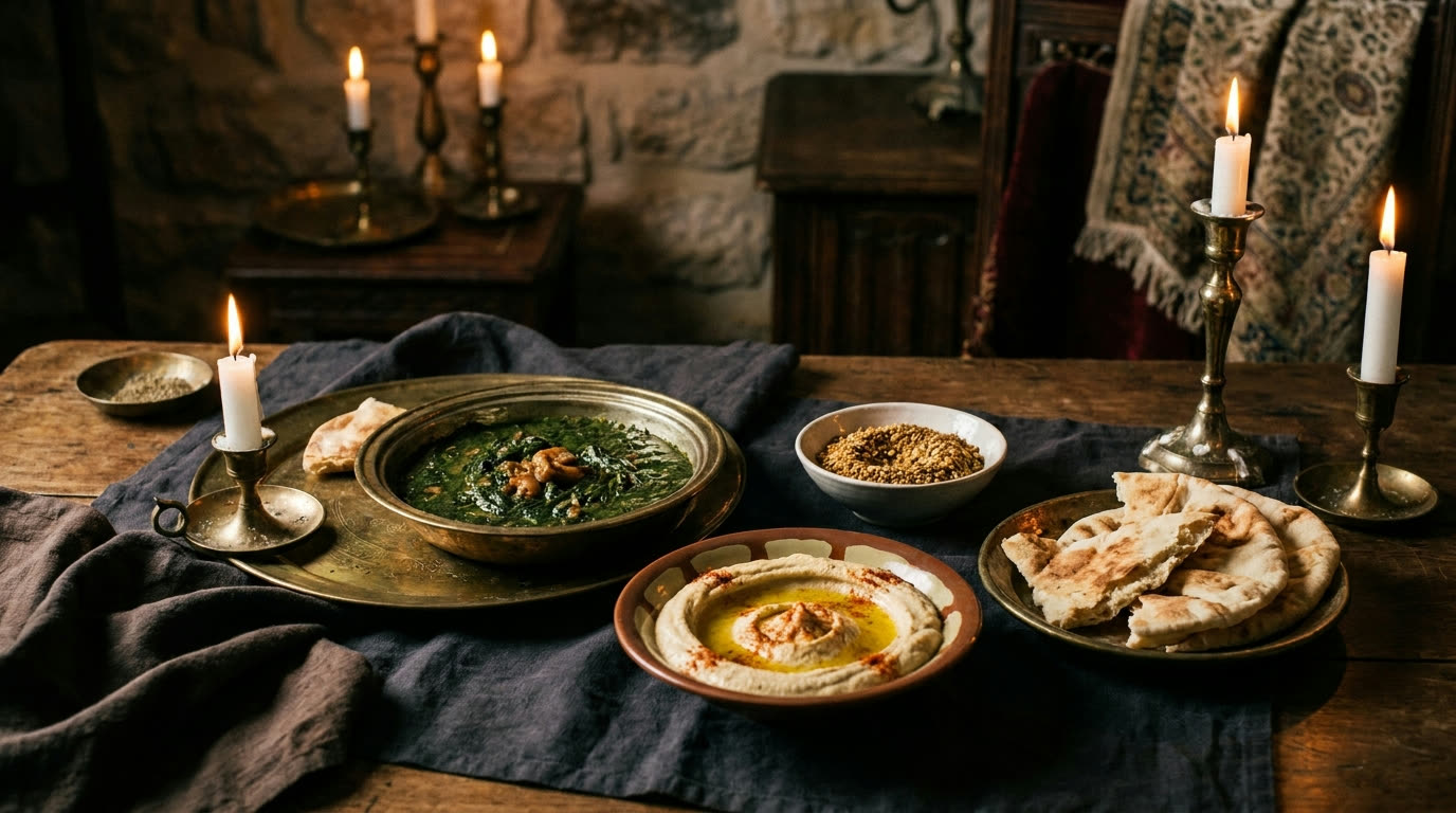 Elegant Egyptian mezze spread with molokhia, dips and flatbread in a candlelit dining room