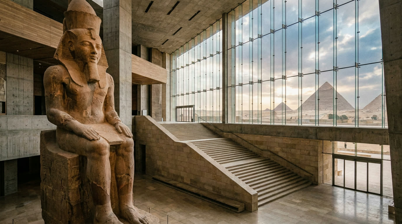 Monumental modern museum atrium with ancient colossal statue and view toward the pyramids