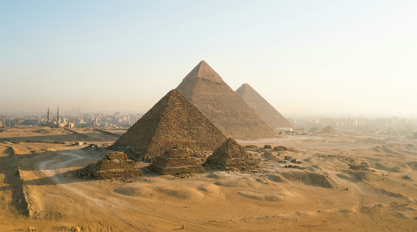 The Pyramids of Giza at sunrise with soft desert light and no crowds