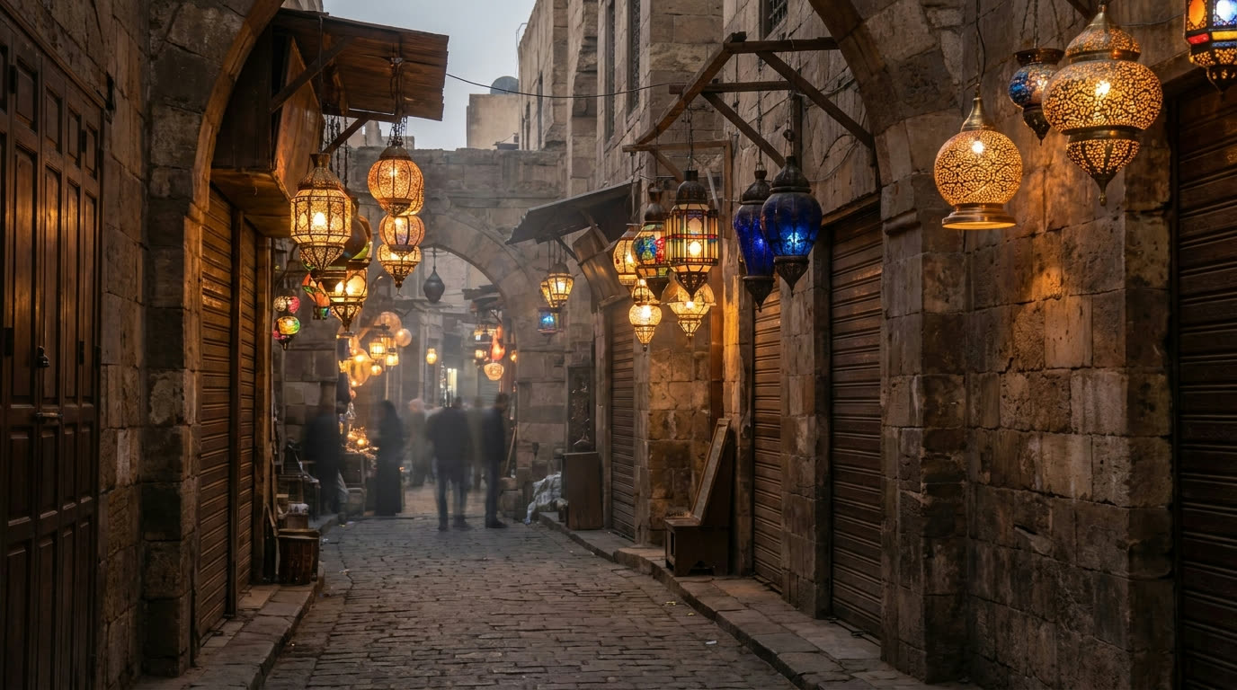 Brass lanterns glowing in a narrow lane of Khan el-Khalili bazaar in Cairo at dusk
