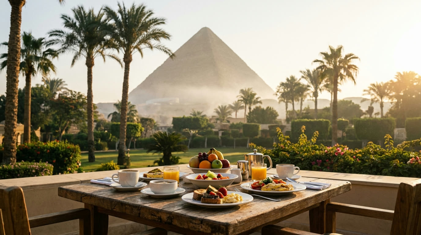 Breakfast table on a Giza hotel garden terrace with the Great Pyramid beyond the palms