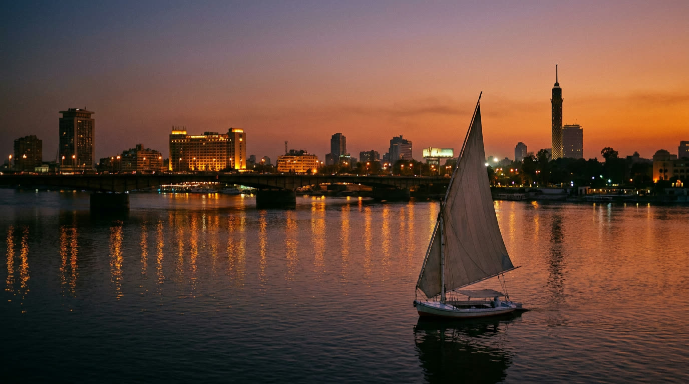 A traditional felucca sailing the Nile at dusk with the Cairo skyline behind