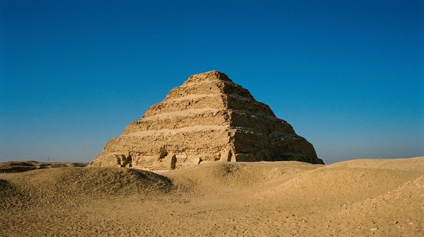 The Step Pyramid of Djoser at Saqqara under clear desert sky with empty surroundings