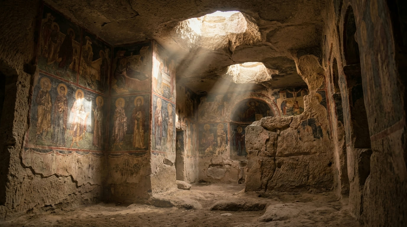 Byzantine cave church interior with frescoes, Cappadocia