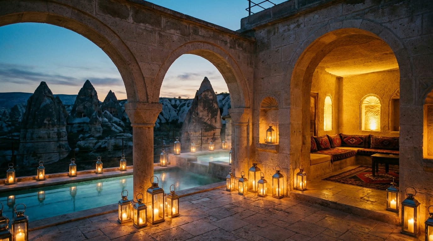 Luxury cave hotel terrace overlooking Pigeon Valley at dusk, Cappadocia