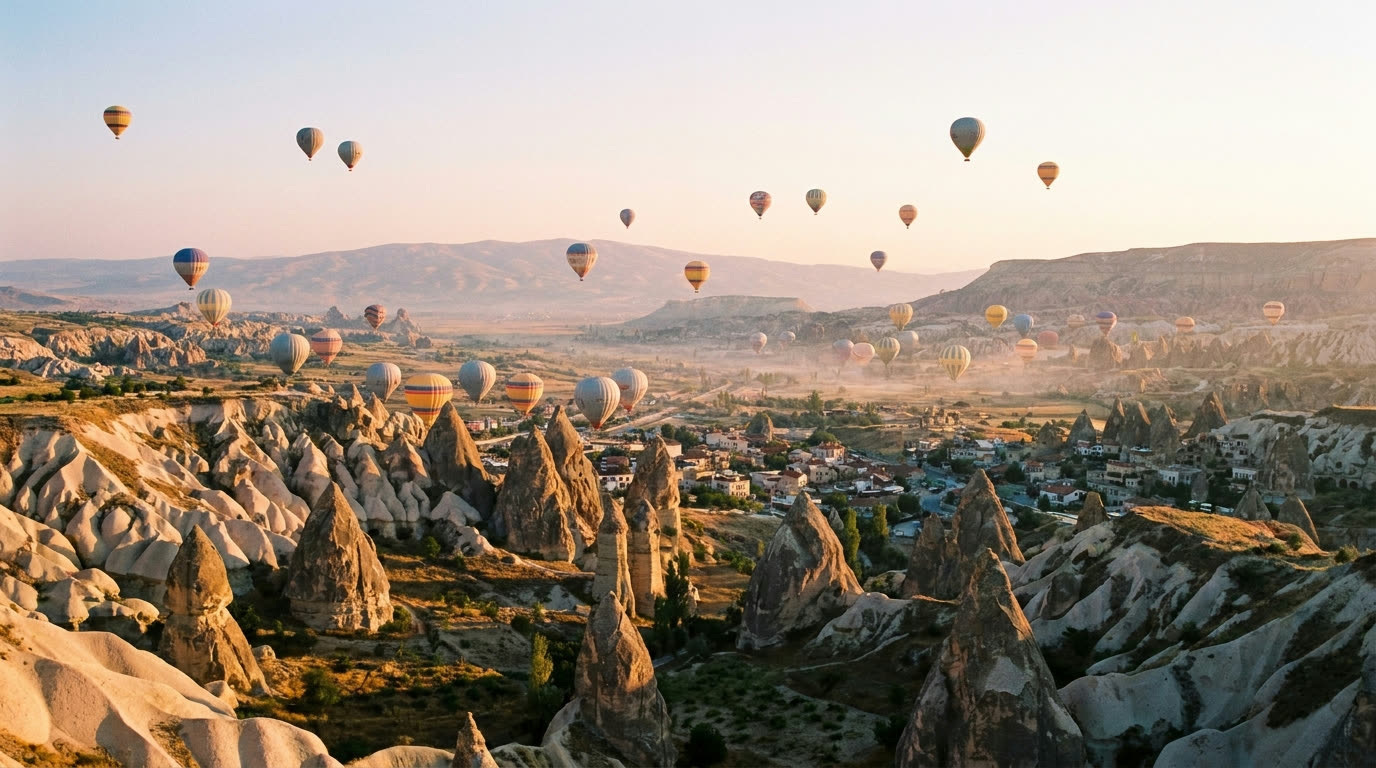 Hot air balloons over the fairy chimney valleys of Cappadocia at sunrise