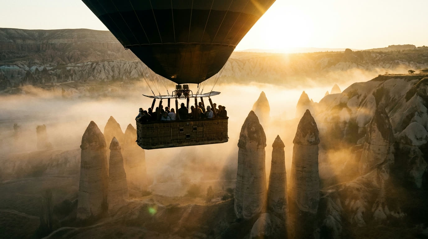 Hot air balloon low over Love Valley rock spires at dawn, Cappadocia