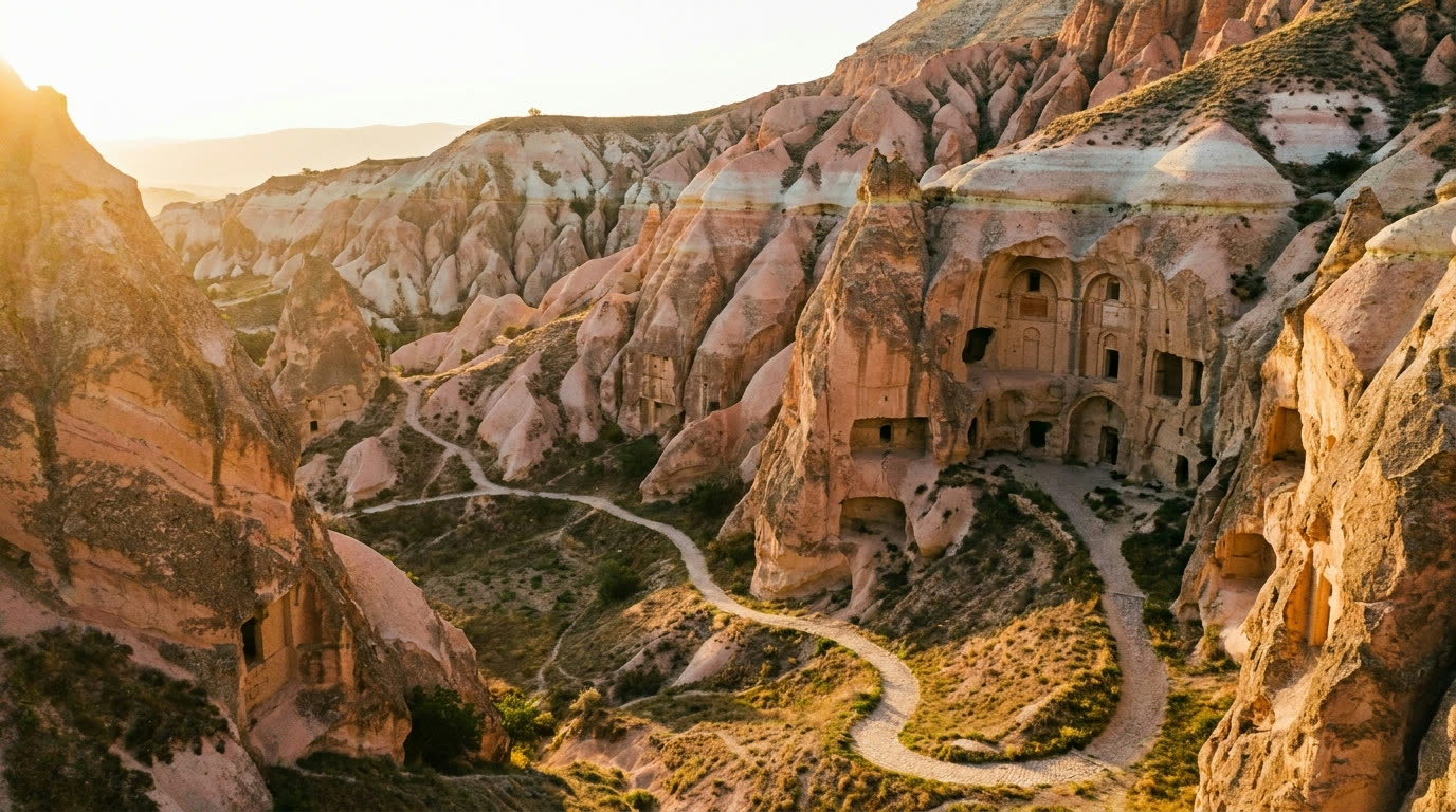 Rose Valley rock formations and cave churches at golden hour, Cappadocia