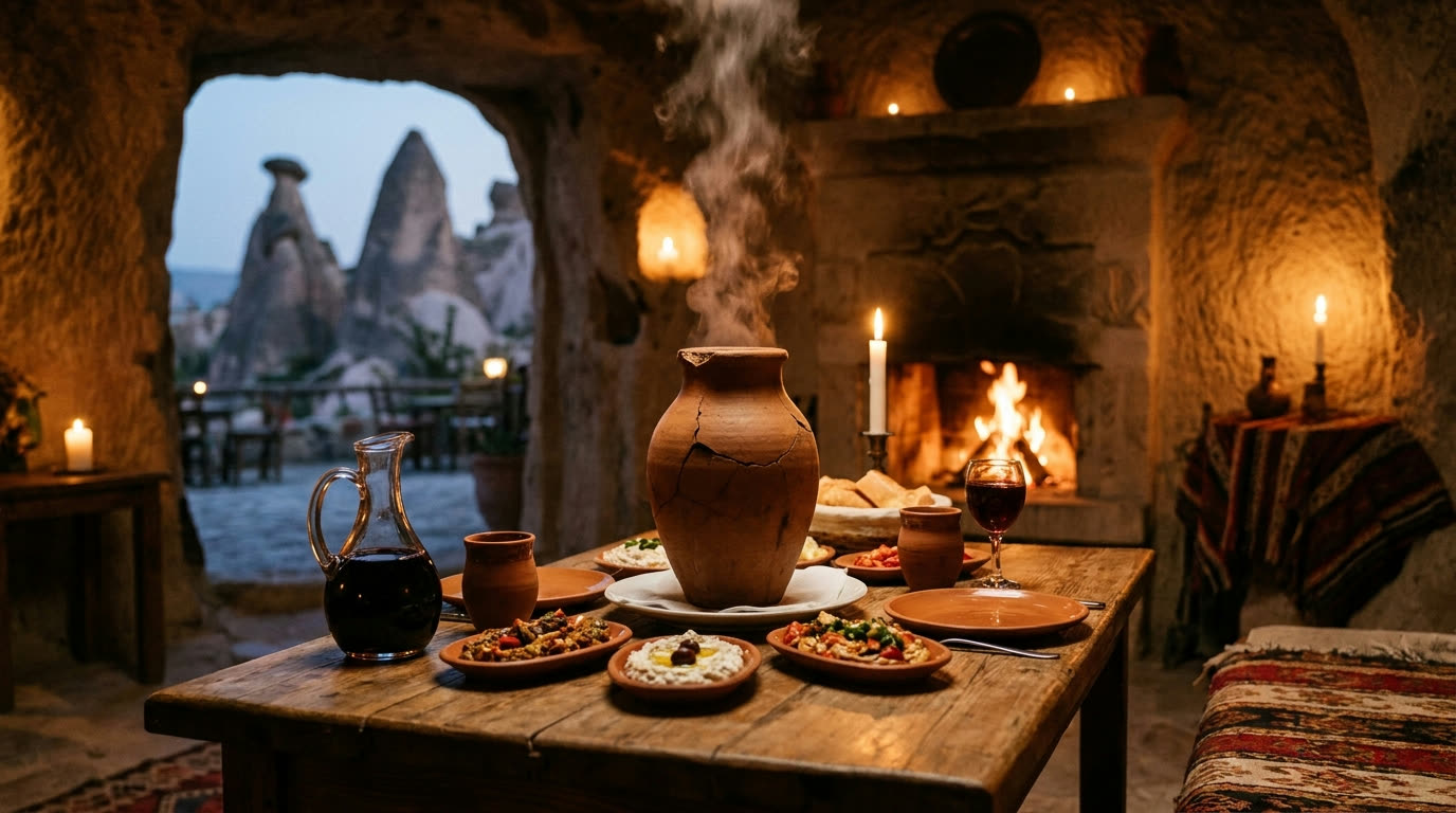 Testi kebab clay pot and Anatolian mezze in a cave restaurant, Cappadocia