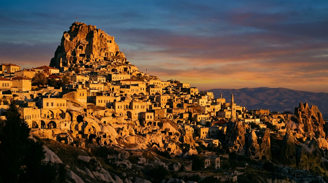 Üçhisar castle rock citadel at dusk, Cappadocia