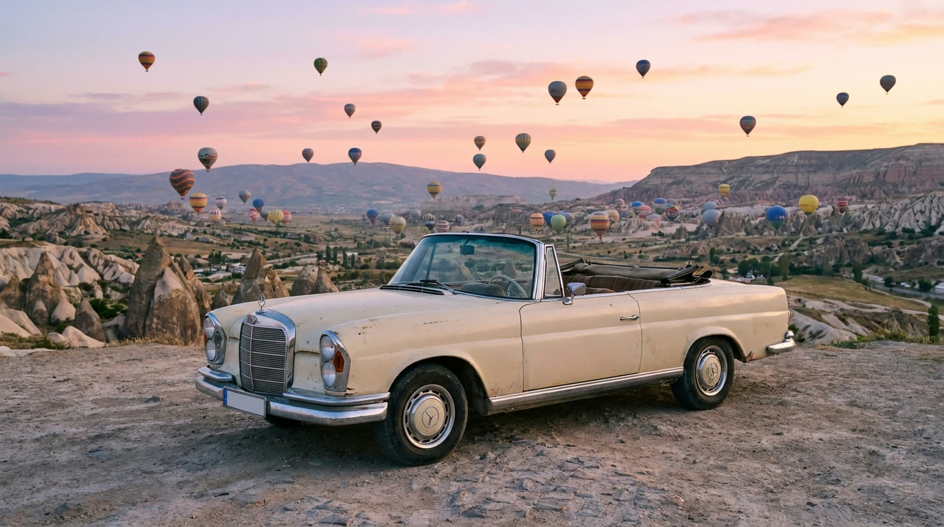 Vintage convertible at a Cappadocia overlook with balloons rising at sunrise