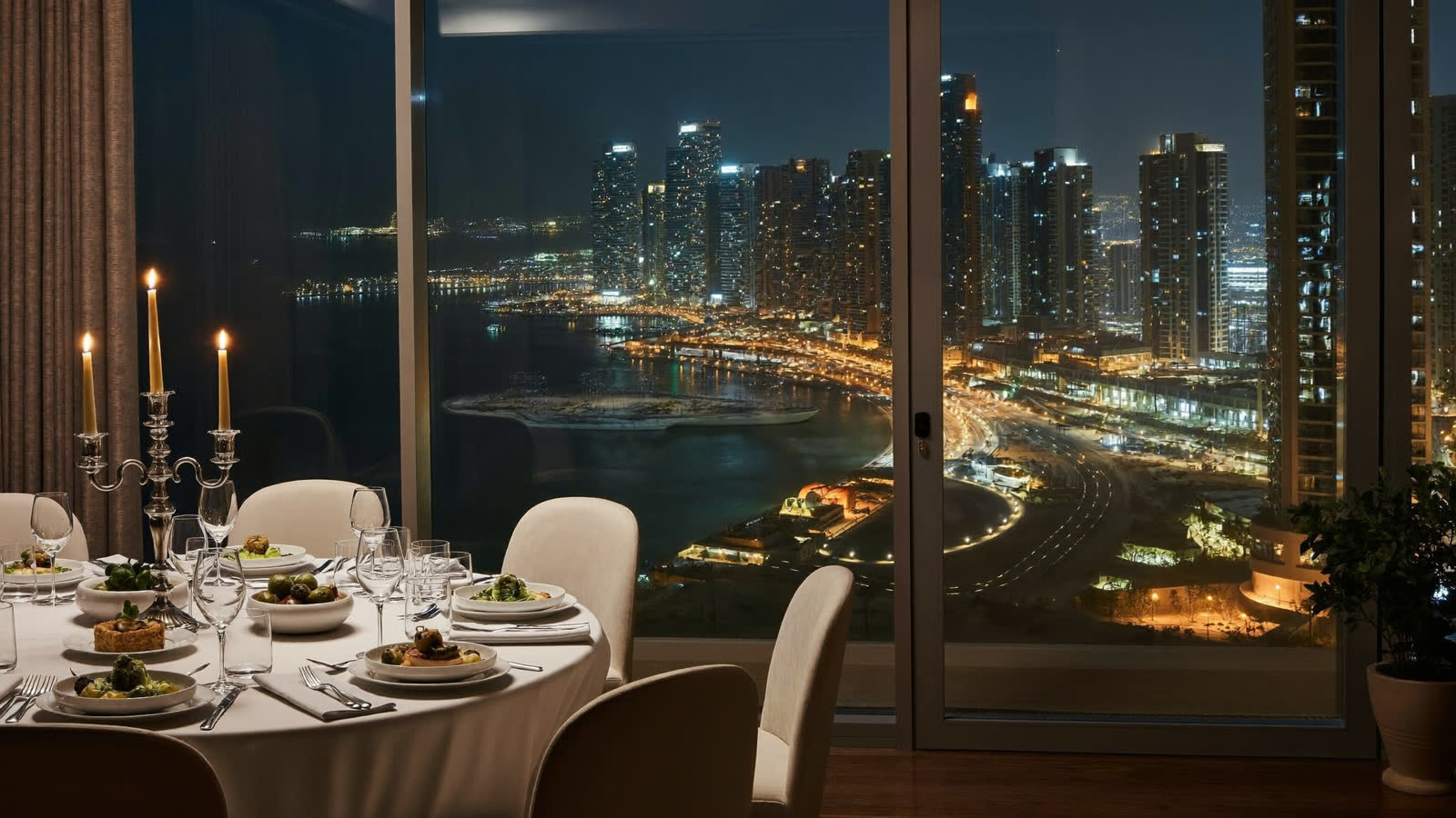 Fine dining table with a panoramic night view over Doha Bay