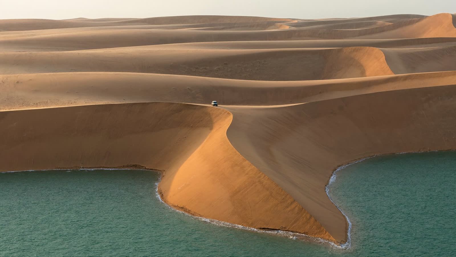 Dunes meeting the water at Khor Al Adaid inland sea, Qatar