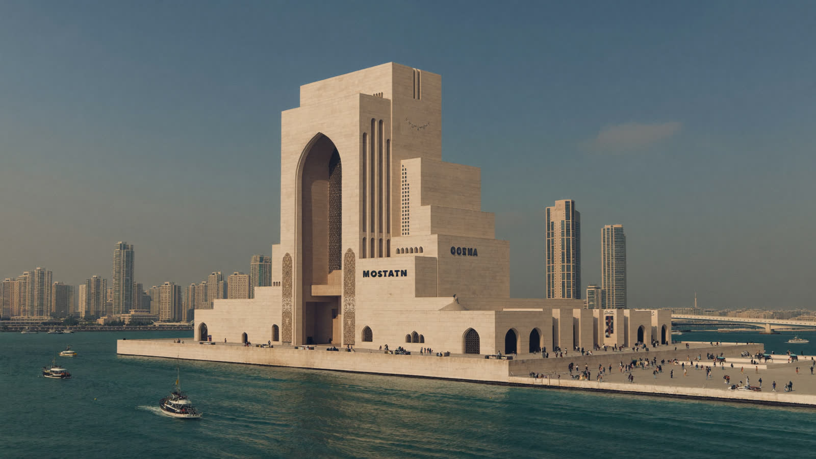 Museum of Islamic Art's stacked limestone geometry over Doha Bay