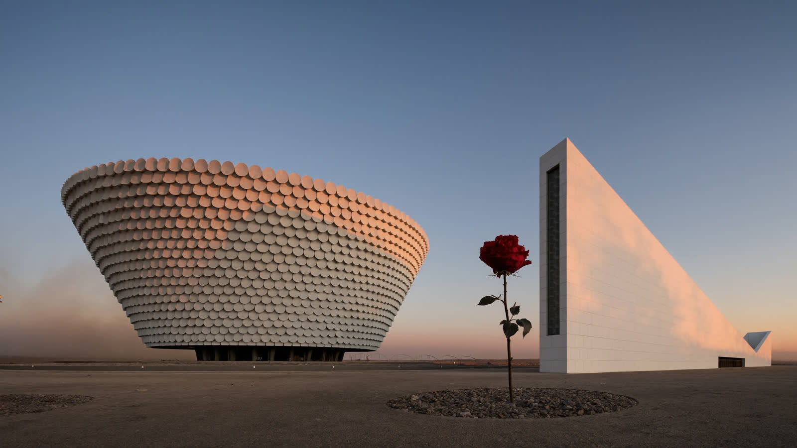 Desert-rose discs of the National Museum of Qatar at sunset