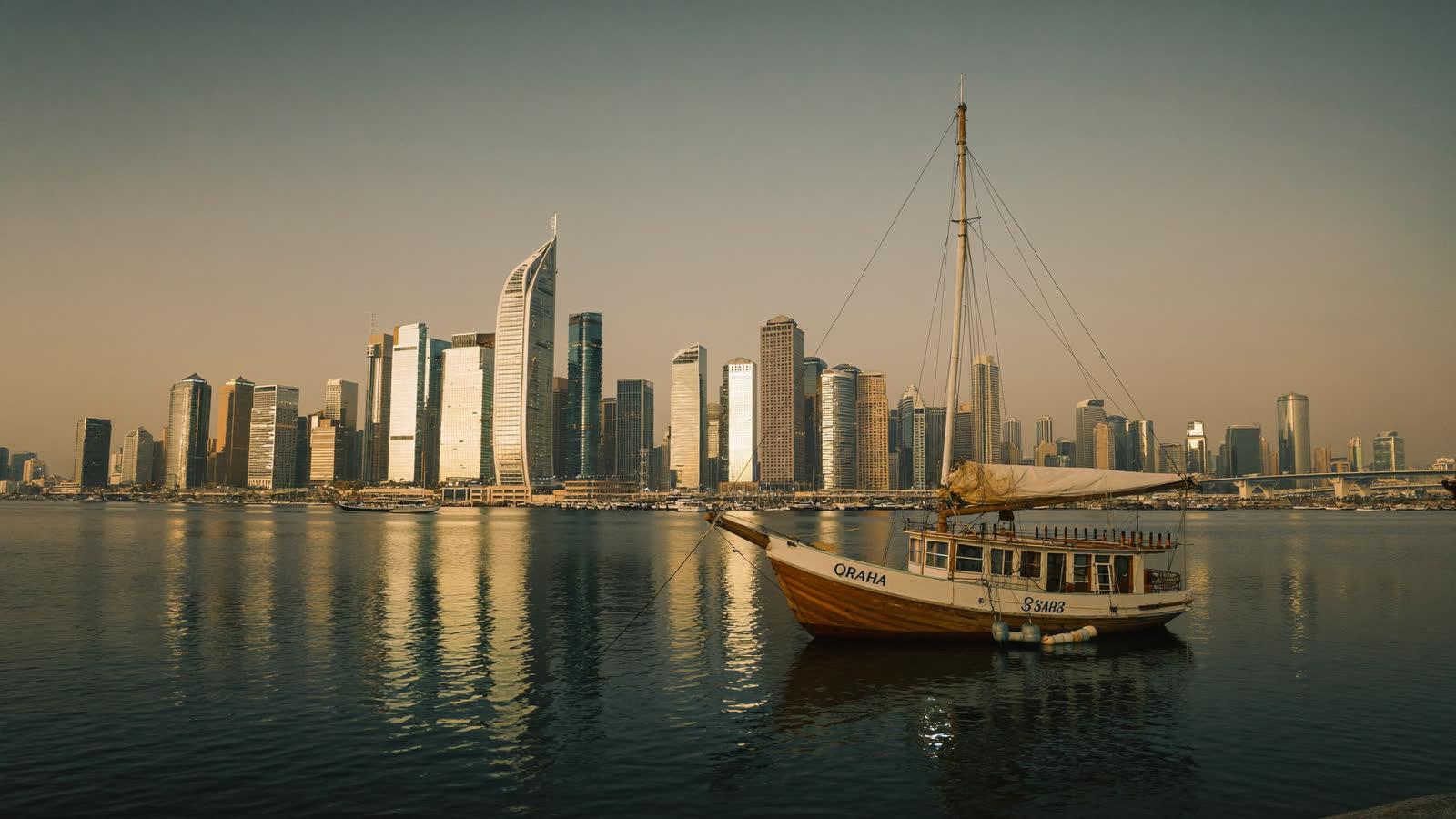 Traditional dhow on Doha Bay with the West Bay skyline at dusk