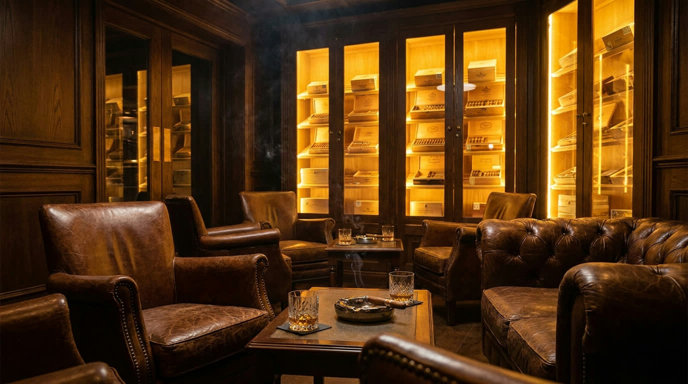 Leather armchairs and humidor cabinets in a dark wood cigar lounge