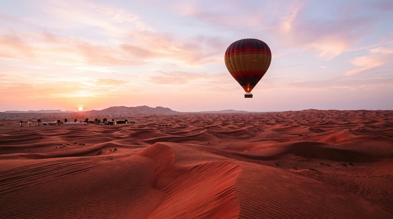 Hot-air balloon over rippled desert dunes near Dubai at sunrise