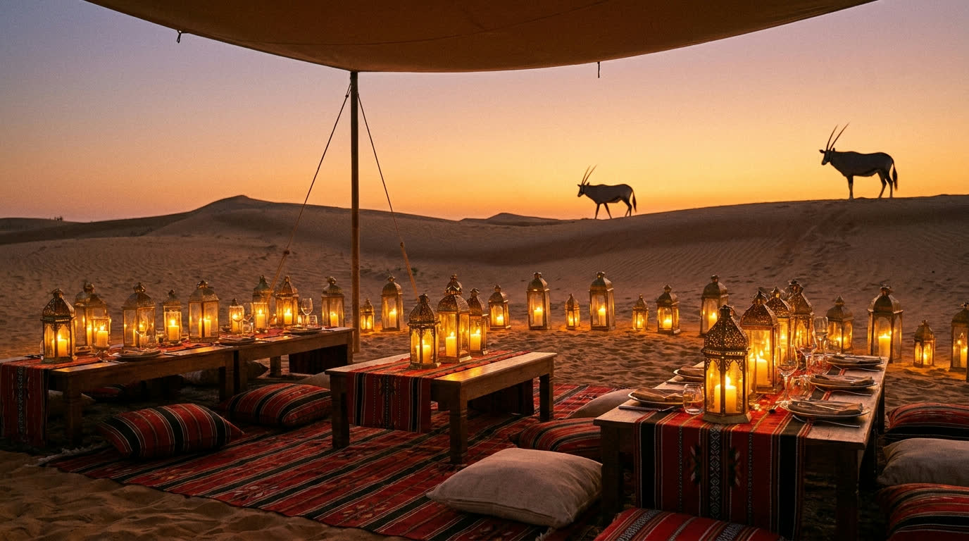 Lantern-lit private desert camp dinner among Dubai dunes at sunset