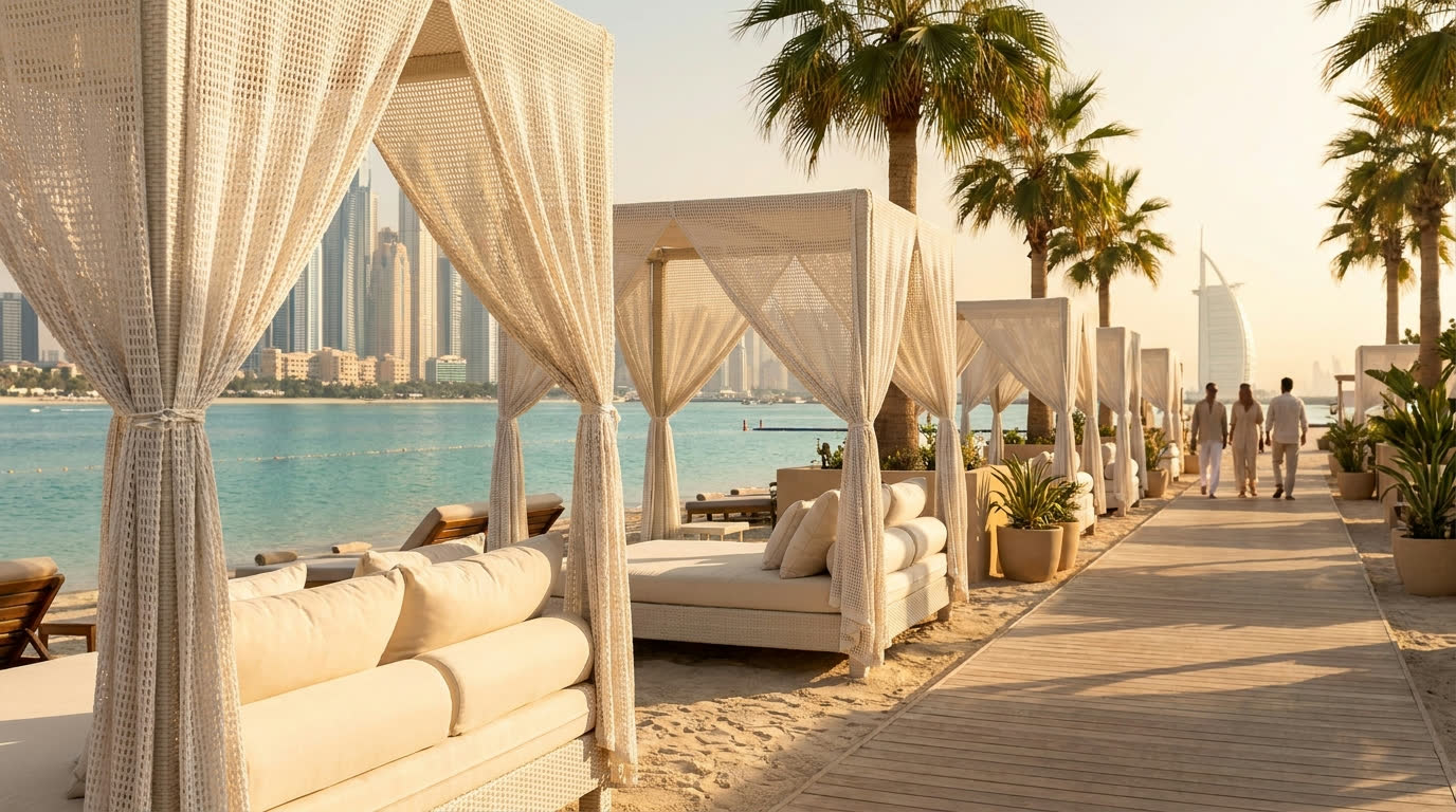 White cabanas and daybeds at a Dubai beach club with the Marina skyline behind