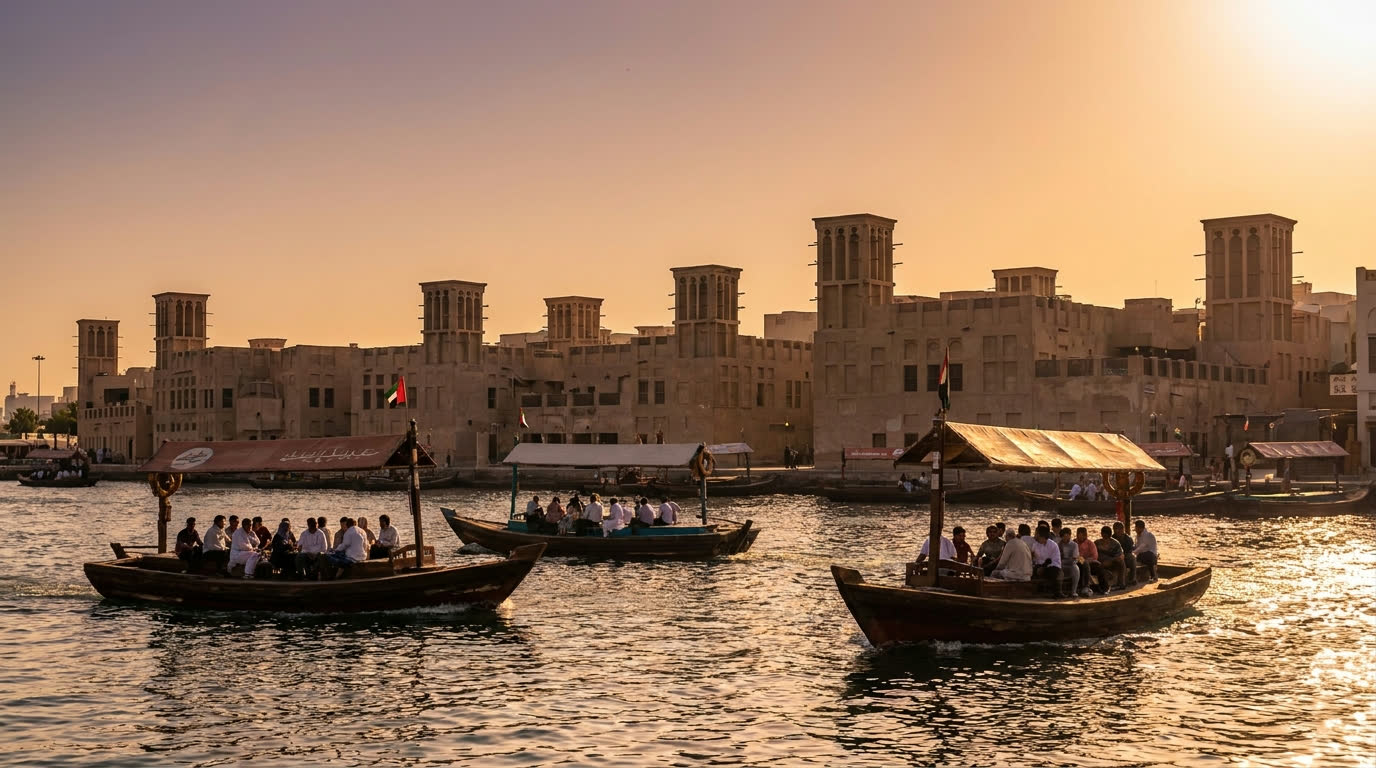 Wooden abra boats crossing Dubai Creek at sunset near Al Fahidi