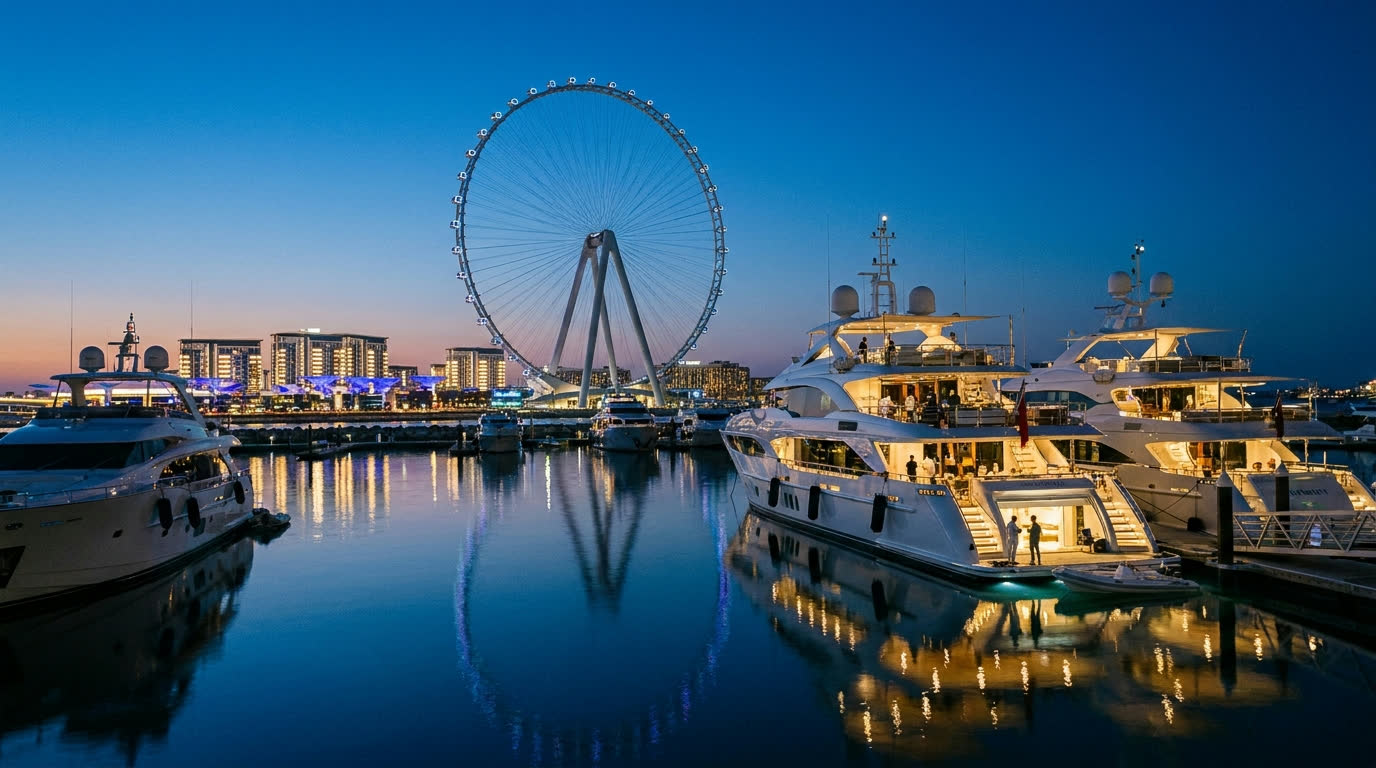 Superyachts berthed at Dubai Harbour at blue hour with Ain Dubai behind