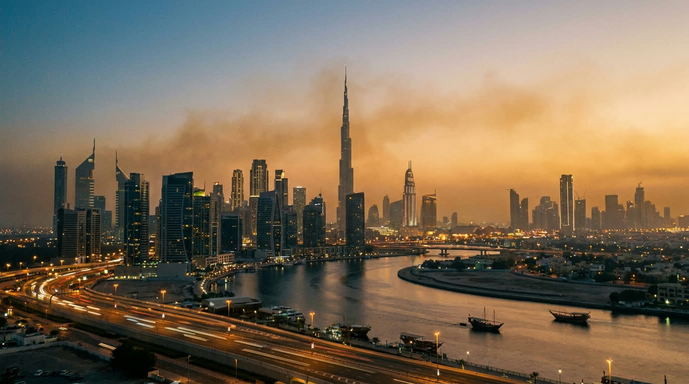 Dubai Downtown skyline at dusk with the Burj Khalifa at its centre