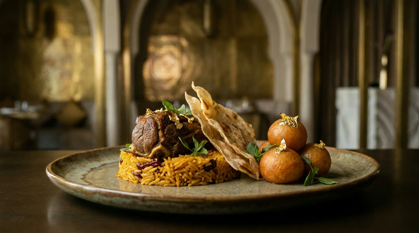 Refined Emirati-inspired fine dining course on handmade ceramic