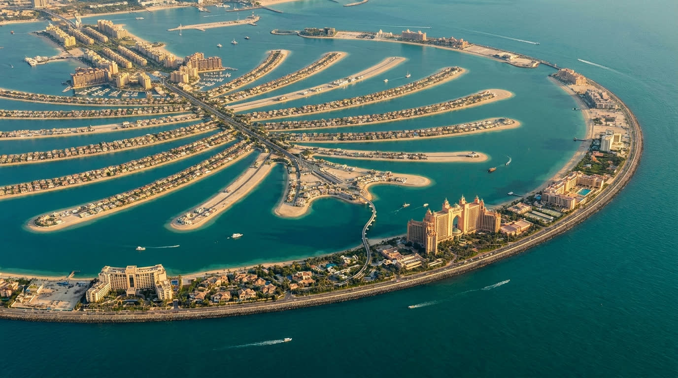 Aerial view of Palm Jumeirah's fronds and turquoise water