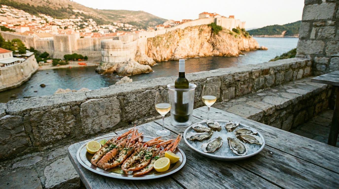 Grilled langoustines, oysters and white wine on a stone terrace above the Adriatic near Dubrovnik