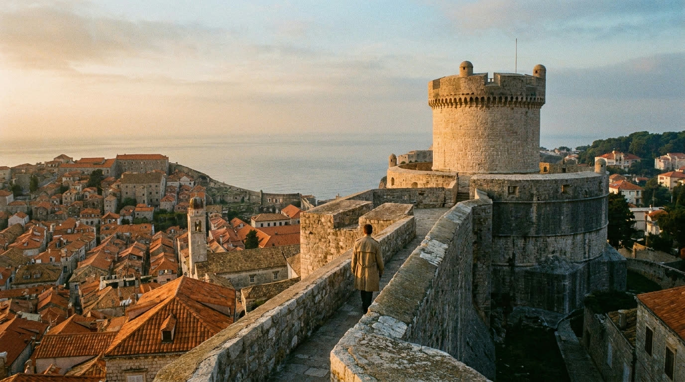 Empty walkway on top of Dubrovnik's medieval city walls in early morning light