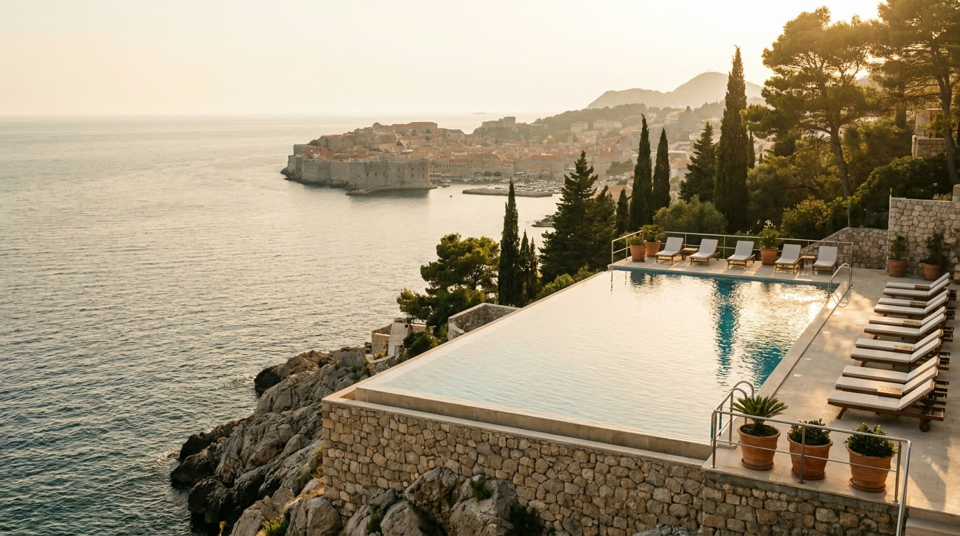 Cliffside hotel infinity pool above the Adriatic with Dubrovnik's Old Town in the distance