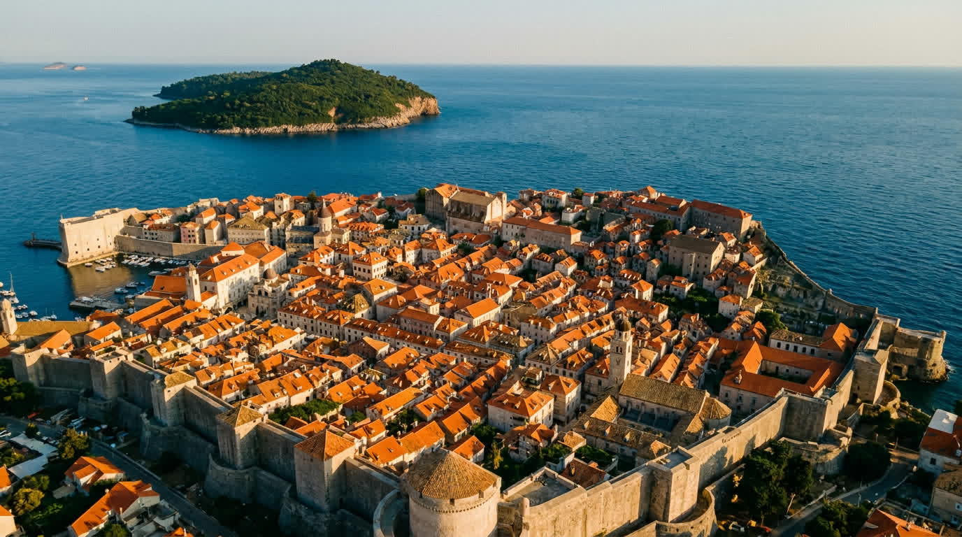 Aerial view of Dubrovnik Old Town's terracotta rooftops and medieval walls on the Adriatic