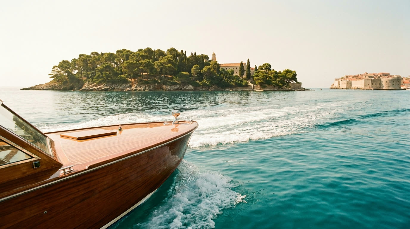 Private boat crossing turquoise water towards Lokrum island near Dubrovnik