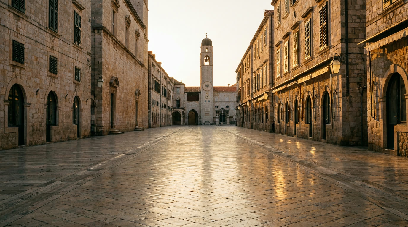 The polished limestone of Stradun, Dubrovnik's main street, empty at dawn