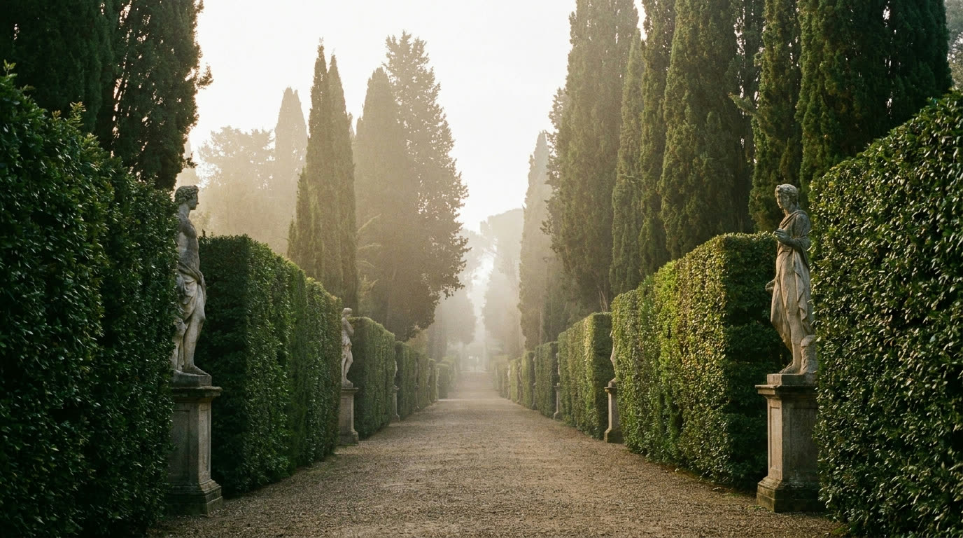 A gravel avenue between clipped hedges and classical statues in the Boboli Gardens, Florence
