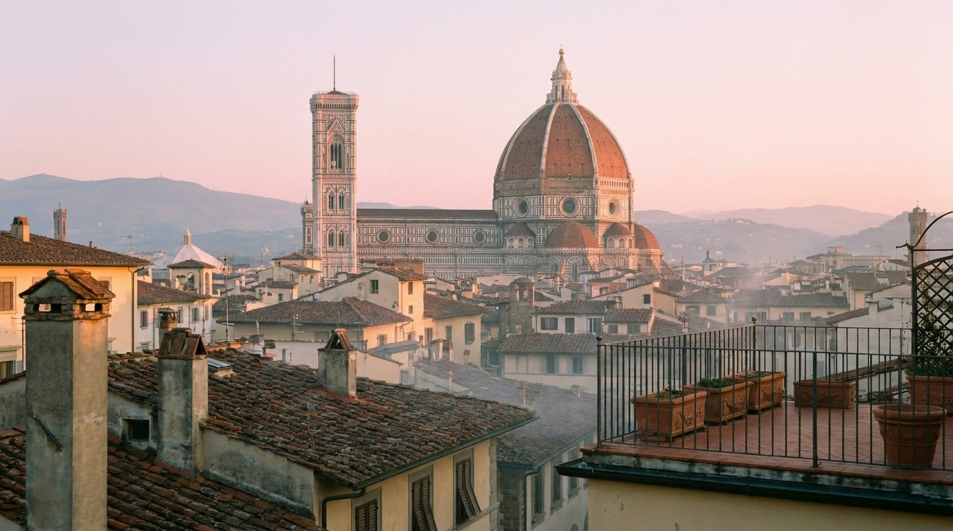 Brunelleschi's terracotta dome and the Florence Duomo at dawn over renaissance rooftops