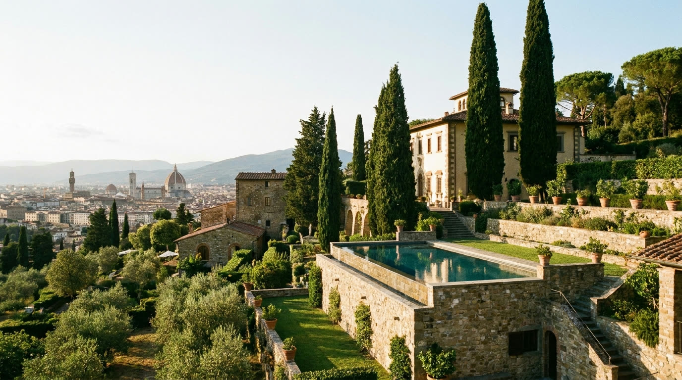 A renaissance villa infinity pool with cypress trees on the Fiesole hillside above Florence