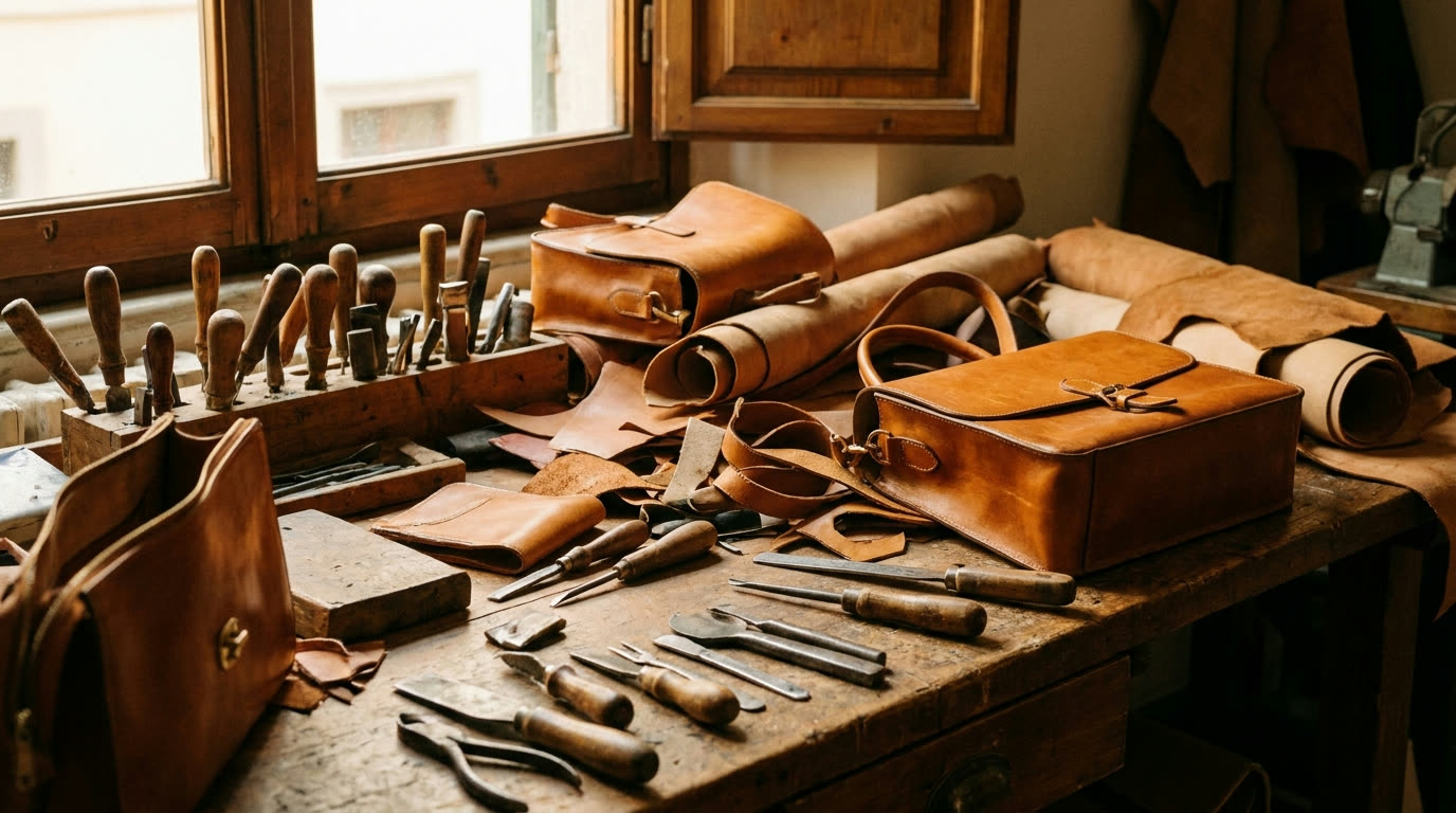 Burnished tan leather bags, skins and hand tools on a Florentine artisan workshop bench