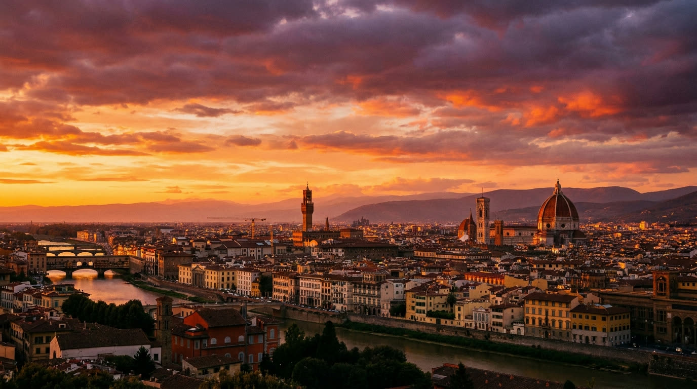 Panoramic sunset over Florence from Piazzale Michelangelo with the Duomo glowing amber