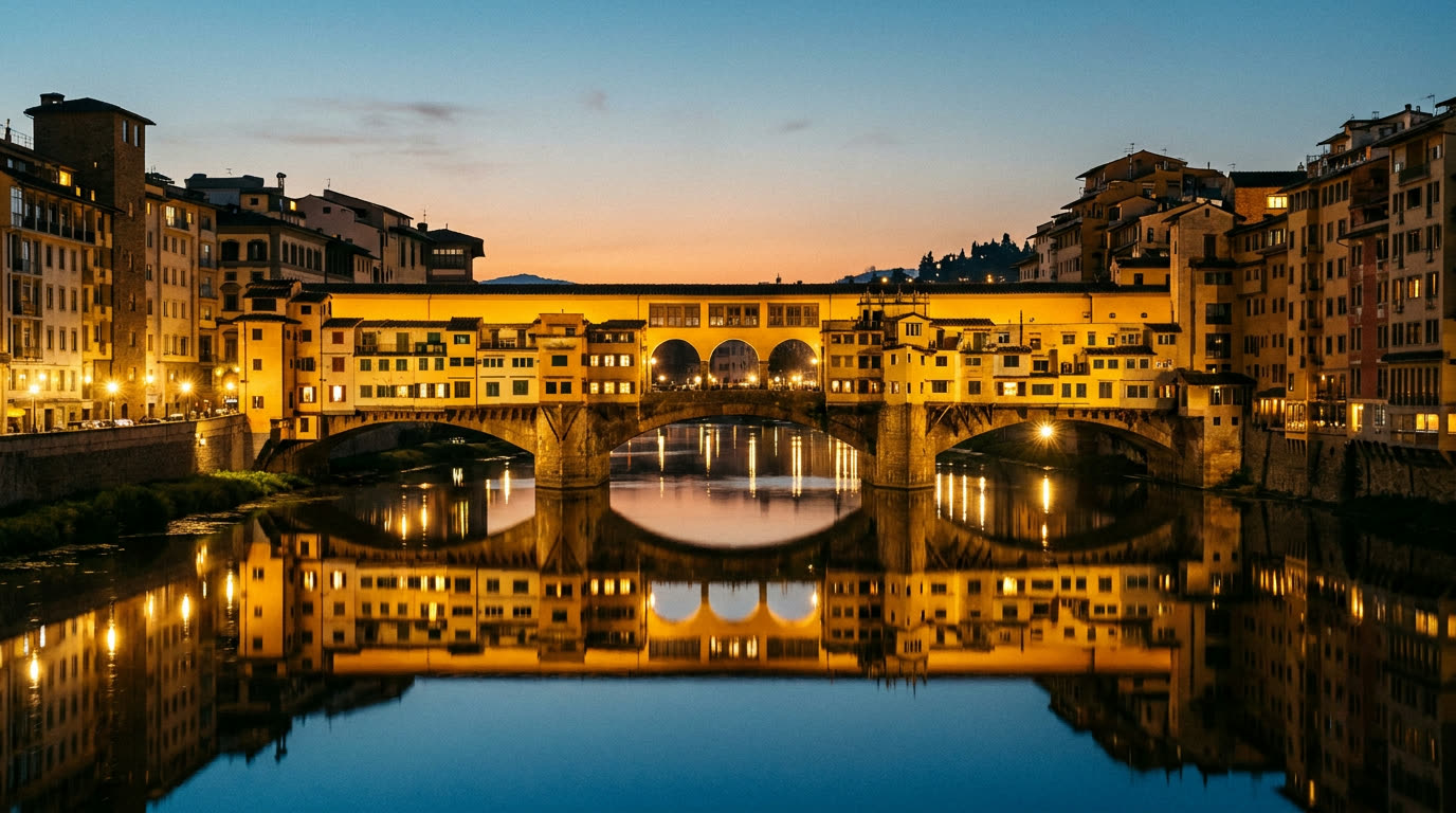 Ponte Vecchio reflected in the still Arno at dusk with warm golden windows