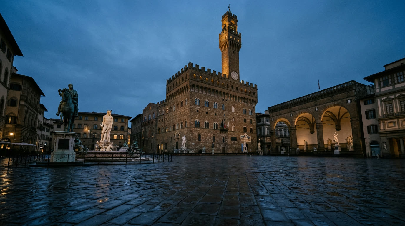 Piazza della Signoria and the Palazzo Vecchio tower at first light with empty wet cobblestones