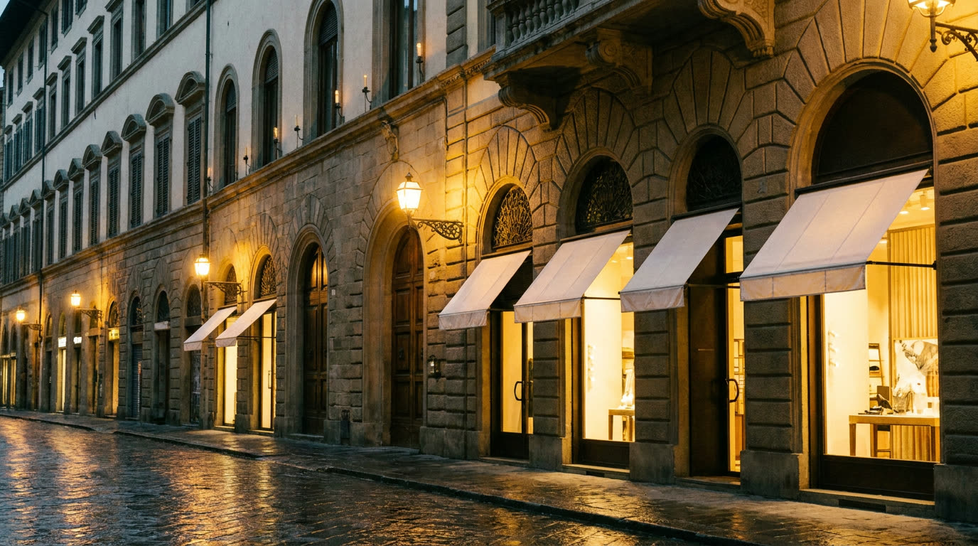 An elegant palazzo-lined shopping street in Florence under evening lamplight
