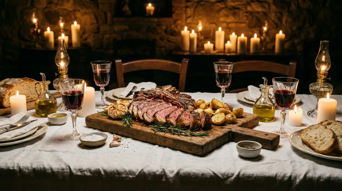 Bistecca alla fiorentina and Chianti Classico on a candlelit table in a Florentine stone cellar