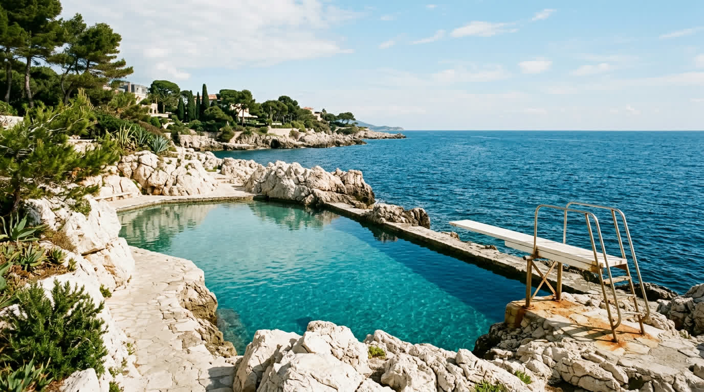 Seawater pool carved into the rocks of a grand Cap d'Antibes hotel above the Mediterranean
